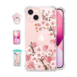 Nuevo   Designed for iPhone 13 Case with Screen Protector + Ring Holder + Waterproof Pouch, Clear with Floral Pattern Design, Soft&Flexible Bumper Sho