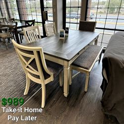 BOLANBURG ANTIQUE WHITE-OAK DINING ROOM SET
6-Piece (Table+4 Side Chairs+Bench)
