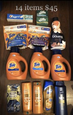 5 Tide; 2 Garnier Fructis; 2 Dial Body Wash; 1 Schick Razors; 1 Downy; 1 Toothpaste; 2 Irish Spring Bath Soap: 14 Items $45