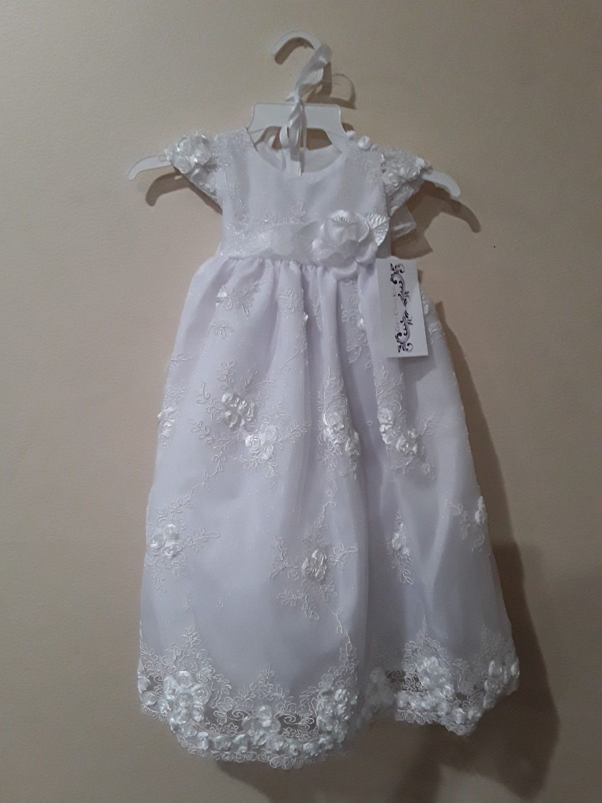 New Girls White Baptism Christening Dress Gown Size 6-9 Months