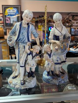 Vintage Porcelain Dutch Family Figurines Blue White Gold Collectible Set