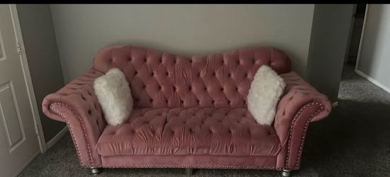 Pink Upholstered Couch WITH pillows