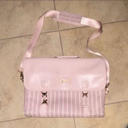 Pink White Striped Shoulder Bag Buckle Closure Adjustable Strap