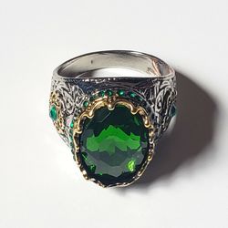 Zircon Ring 925 Silver Ring Engraved, Multi Stone Ring for Men. Color Green Stone Used Ring Size  13.5