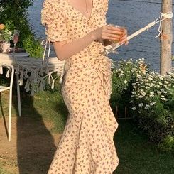 French pleated floral dress female summer thin