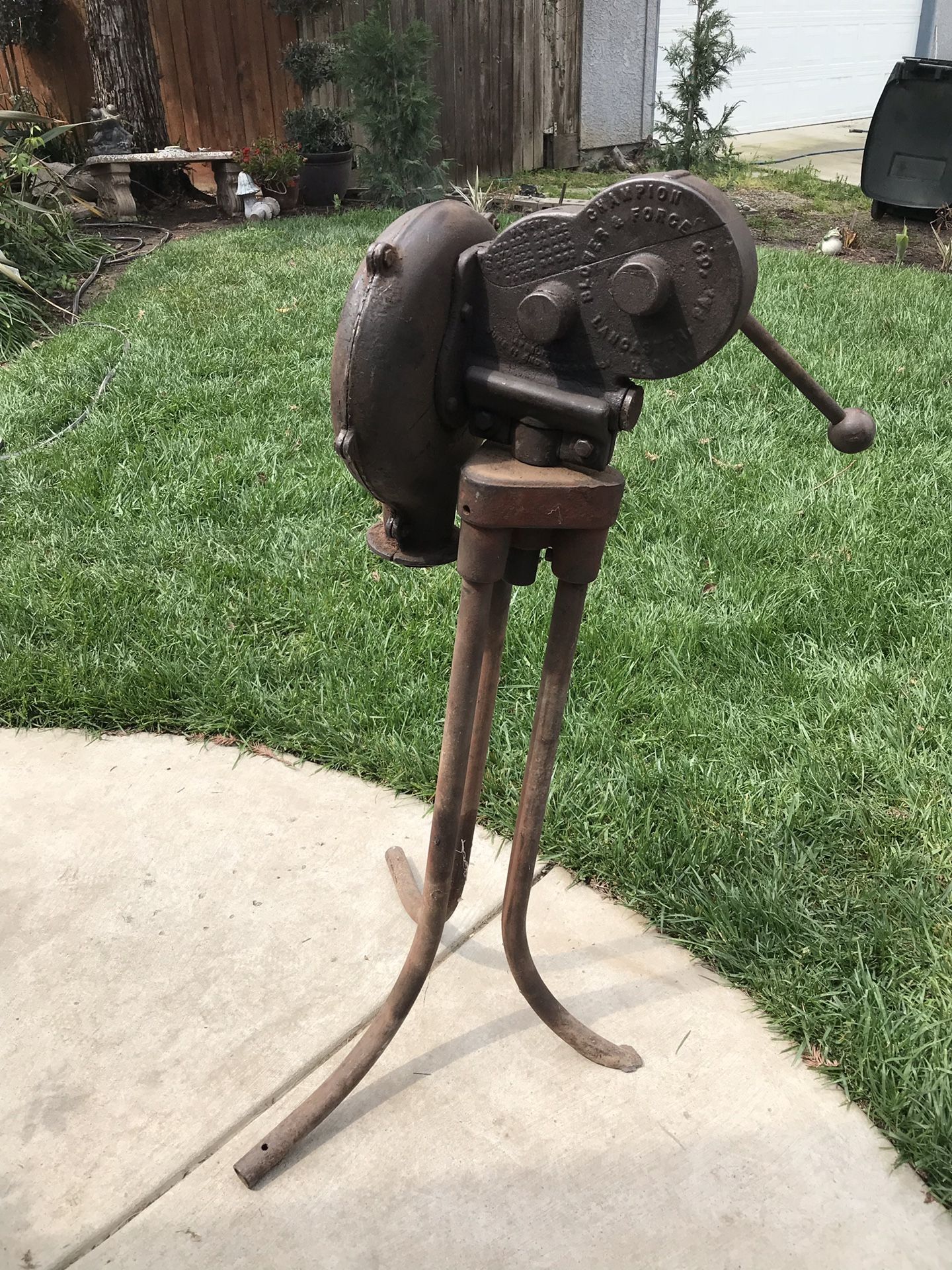 Antique 1901 champion forge blower nice! Works! One leg was made shorter?
