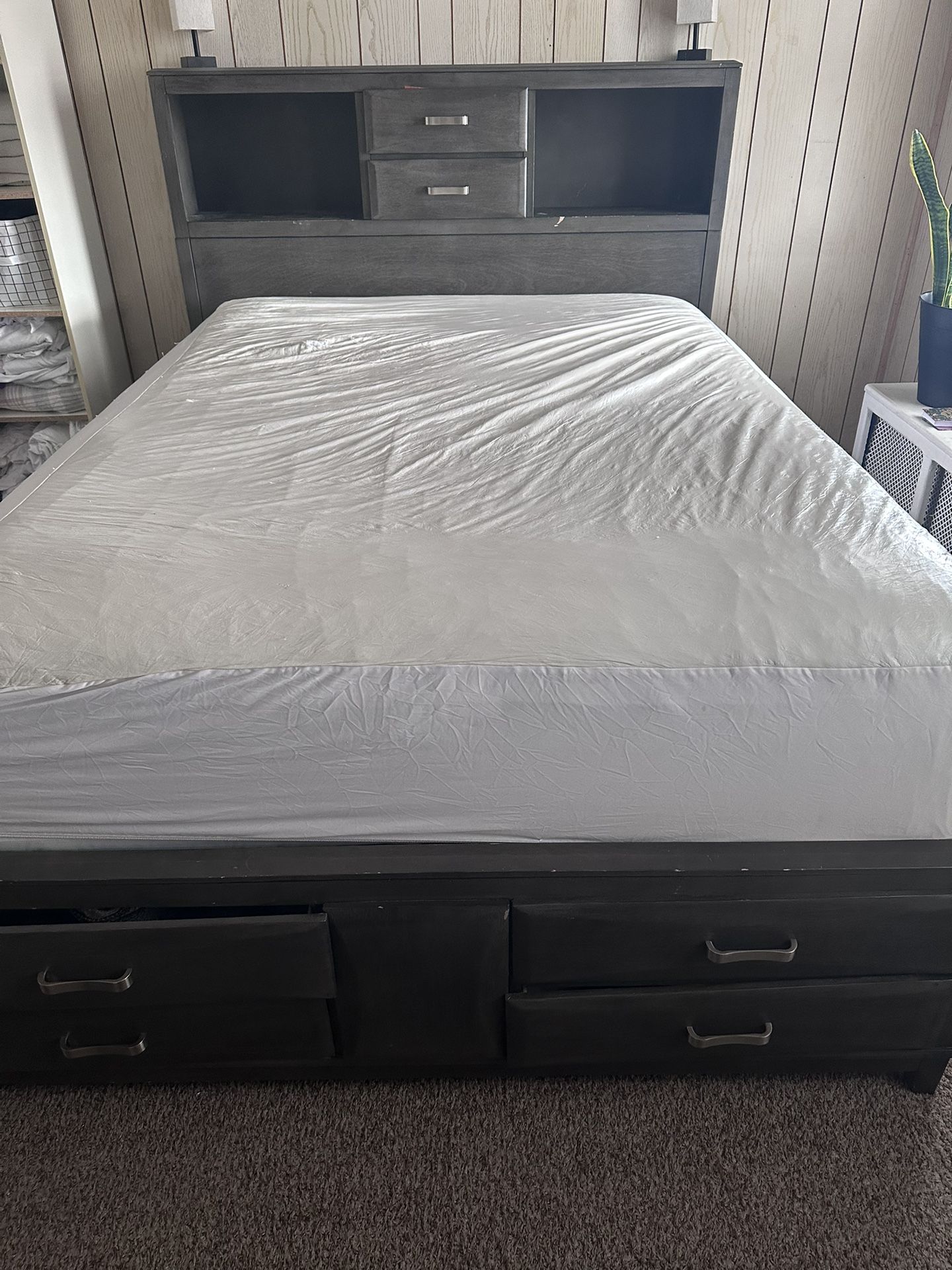Gray Bed frame With Drawer Storage