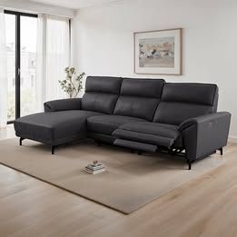 Genuine Leather - Power Recliner Sectional - Black Color