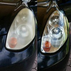 Before and after headlight restoration . 4 step process