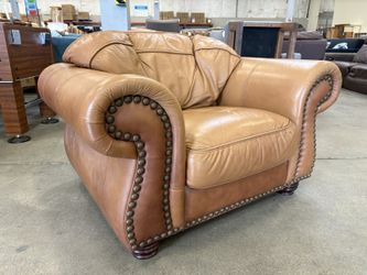 Vintage Caramel Leather Plush Accent Chair with Nailhead Trim