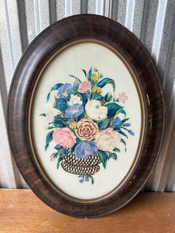 Vintage Hand Painted Floral Basket Still Life Oval Framed Wall Art
