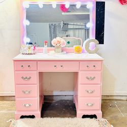 Beautiful antique pink vanity/desk and large pink mirror with new lights strings 