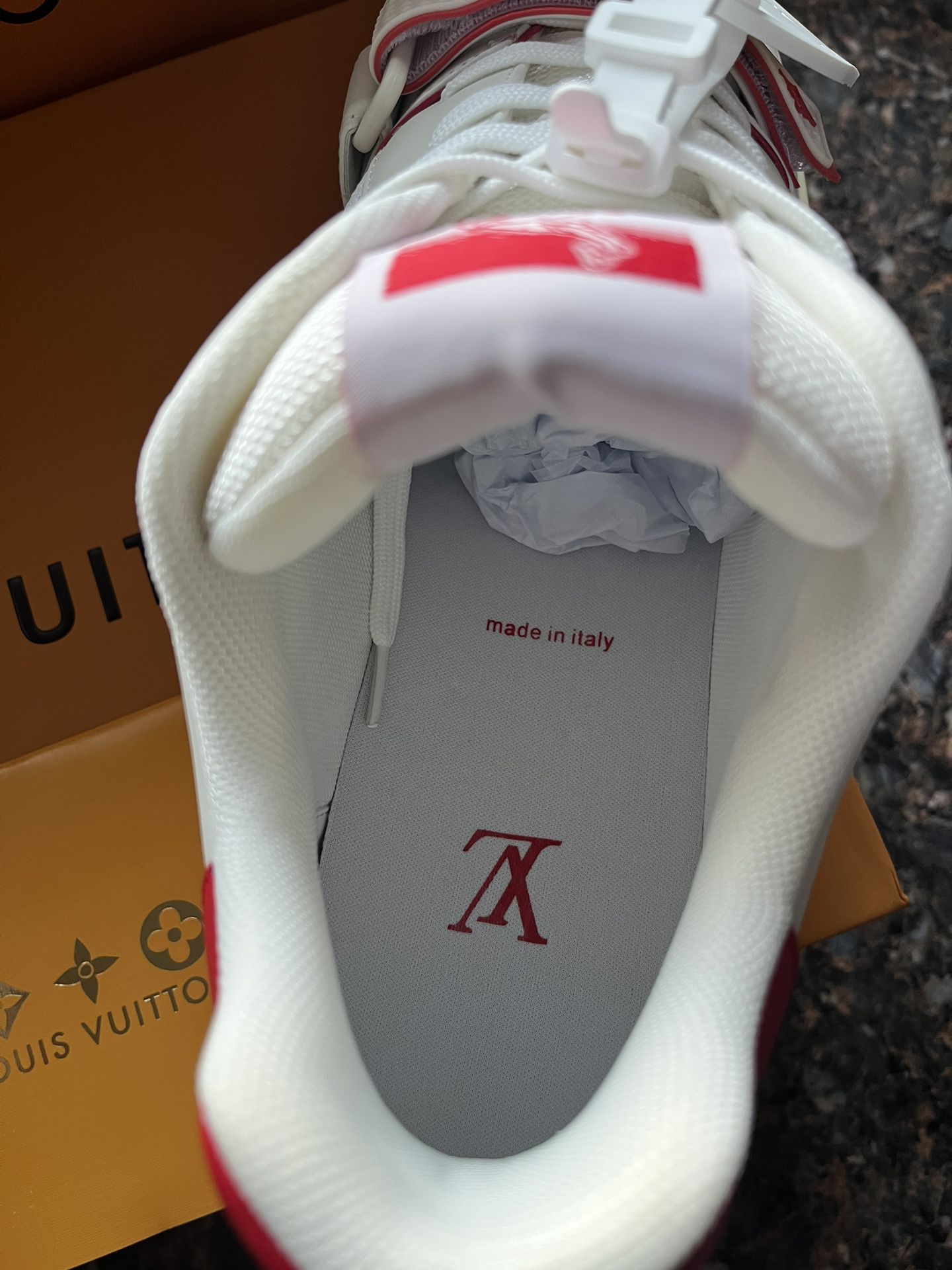 New Louis Vuitton RED/White Velcro strap Mono Trainer Sneakers (Size: Euro  44 /men's 10-11) for Sale in Valley Stream, NY - OfferUp