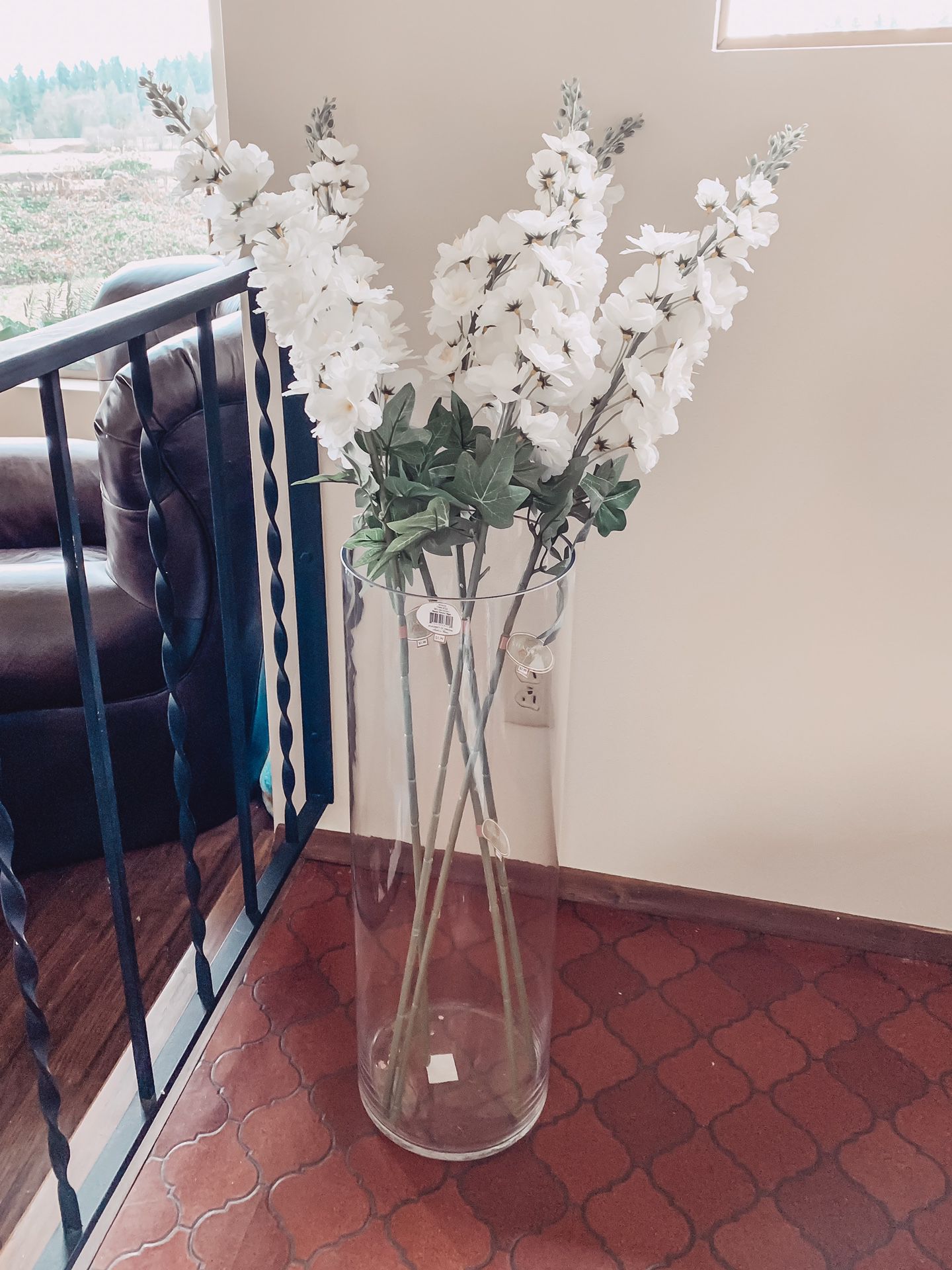 Floor Vase with White Faux Flower Stems