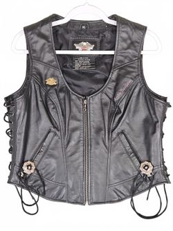 Harley-Davidson Womens Black Leather Lace Up Vest HOG Pin XL