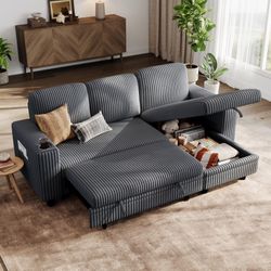 New Sectional Sleeper Grey Or Beige Corduroy