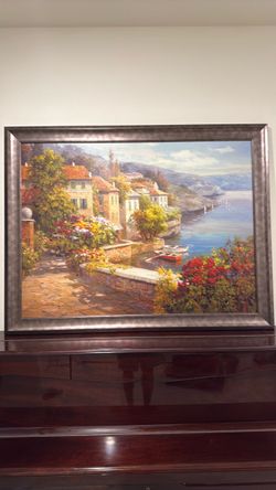 Framed Mediterranean Coastal Oil Painting