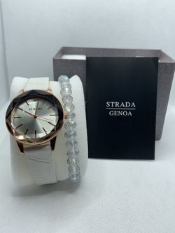 WHITE FAUX LEATHER WATCH AND BEAD BRACELET