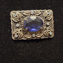 Vintage Czech Zig-Zig-zag Filigree Blue Glass Stone Brooch, 2"