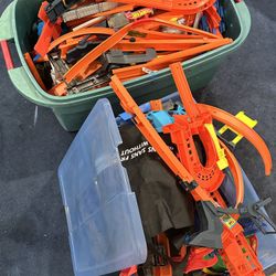 Two Huge Totes Full Of Hot Wheels & Matchbox Tracks And Playsets