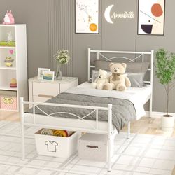 Brand New Twin White Metal Bed Frame - Bowknot Headboard