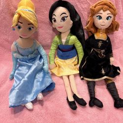 Sparkle Disney Princess plush dolls featuring Cinderella, Mulan, and Anna. 14”