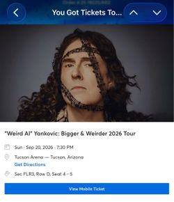 Weird AL Sept 20 Tucson Tickets with VIP meet and greet