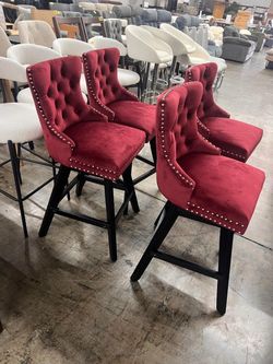 Swivel Velvet Bar Stools Set of 4 with Button-Tufted Seat, Curved Back and Wooden Legs - WINE RED