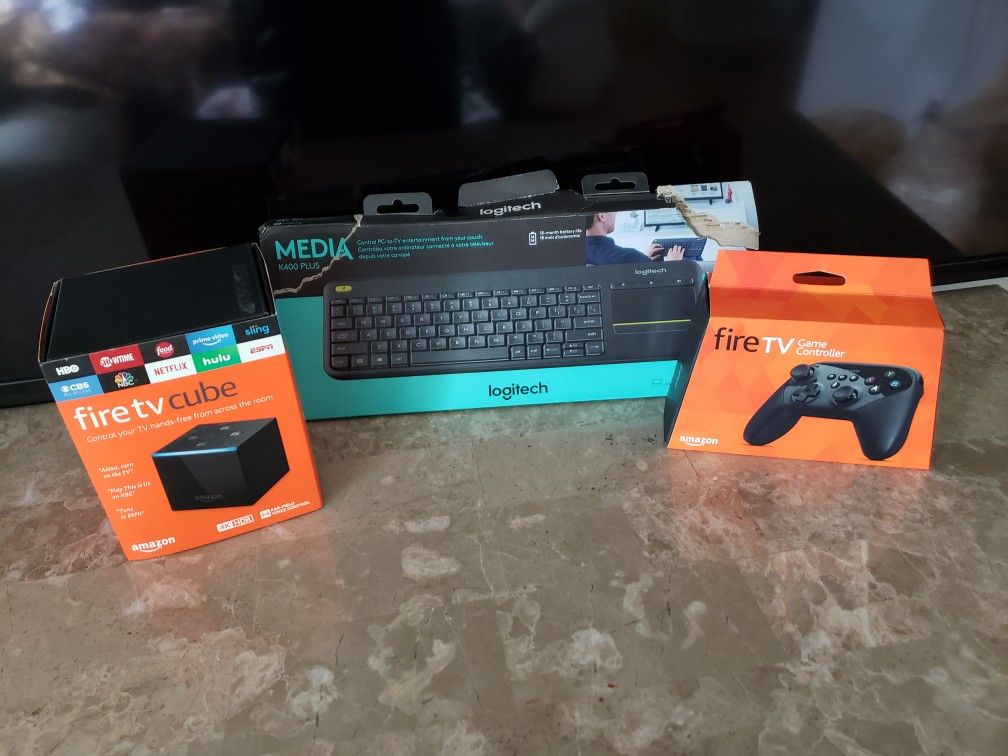 Fire TV cube, game controller, keyboard