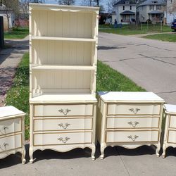 Vintage DIXIE French Provincial Bedroom Set- 2 Night Stands, Dresser, and Dresser with Bookcase Hutch