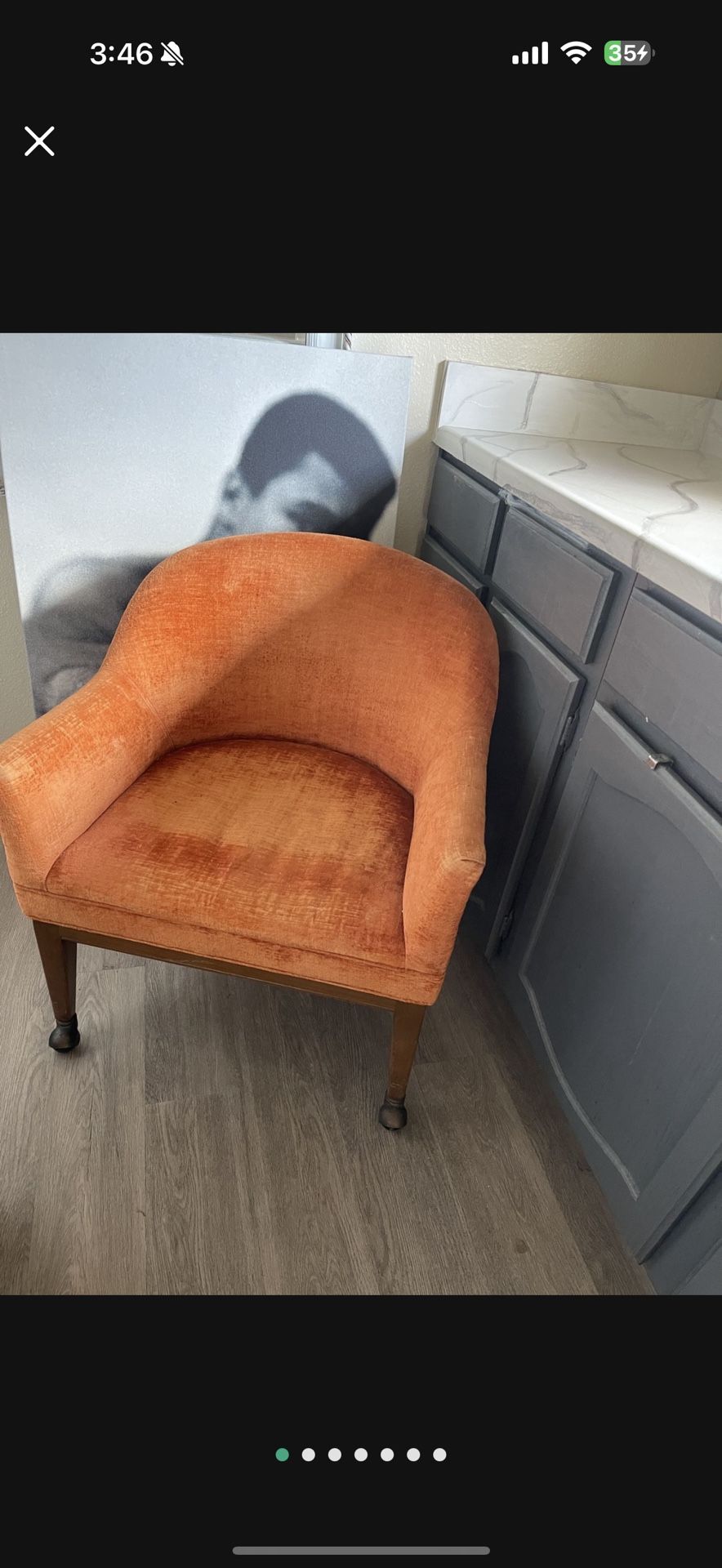 RARE VINTAGE designer Martin Brattrud Orange Crushed Velvet 1970 Russet Armchair Rolling Wheels mod style  24” width  Height 30”  Chair height 16”  On