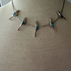 Vintage native 5 birds Turquoise blue Sterling silver Liquid Silver Tube Heishi Necklace 17” in length  In great condition  Unique design