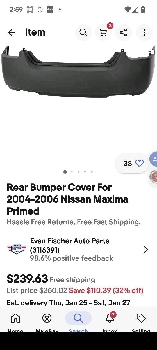 Brand New Primed 2004-2008 Nissan Maxima Rear Bumper