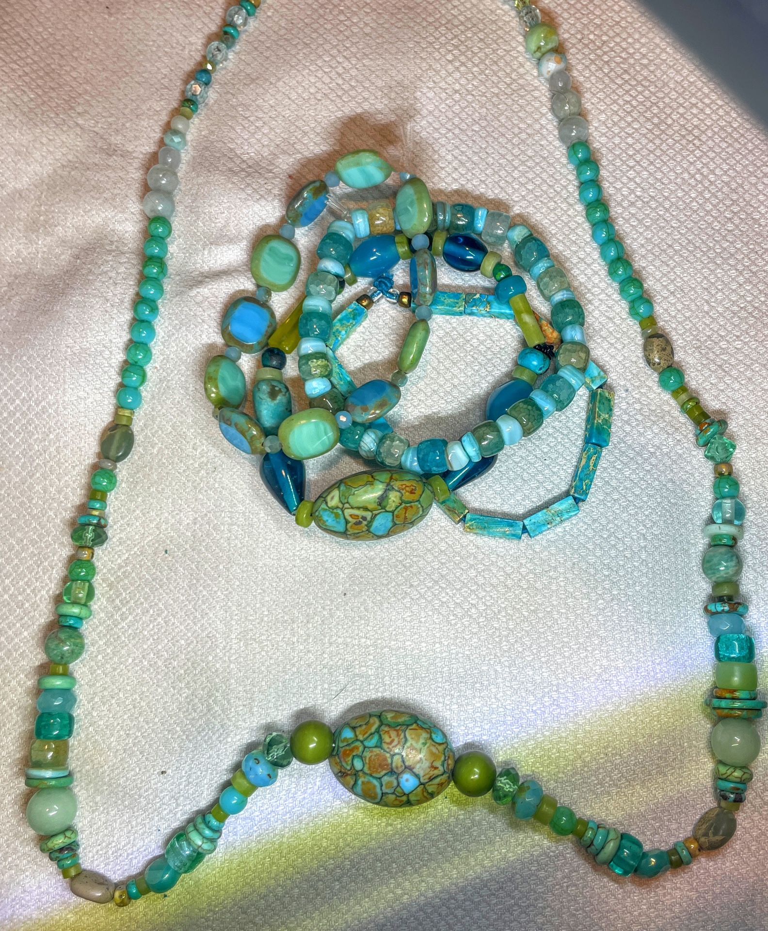 Turquoise Stone, Ceramic, Glass Beaded Necklace And Bracelets