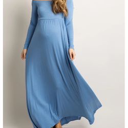 PinkBlush Blue Solid Off Shoulder Maternity Maxi Dress