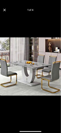 Modern Faux Marble Dining Table with 4 Grey and Gold Chairs