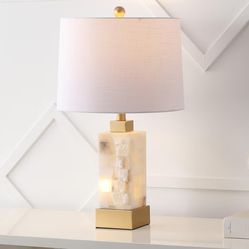 JONATHAN Y 23" Gold/White 2-Light Alabaster and Metal LED Table Lamp, Coastal Glam Modern Bedside Lamp with Nightlight Base and Linen Shade, LED Bulbs