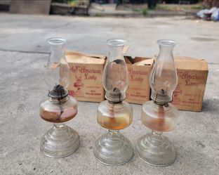 Vintage Early American Lot-3 Old Oil Kerosene Lamp Clear Glass Chimney Brass Wick