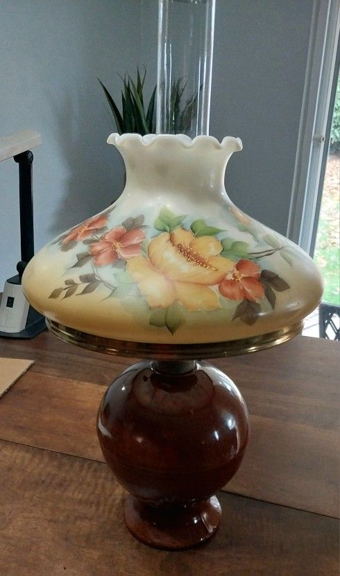 Vintage Oil Lamp with Hand Painted Shade 