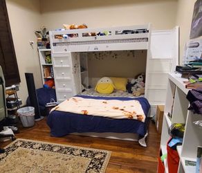 White Wood Bunk Bed with Stairs and Drawers