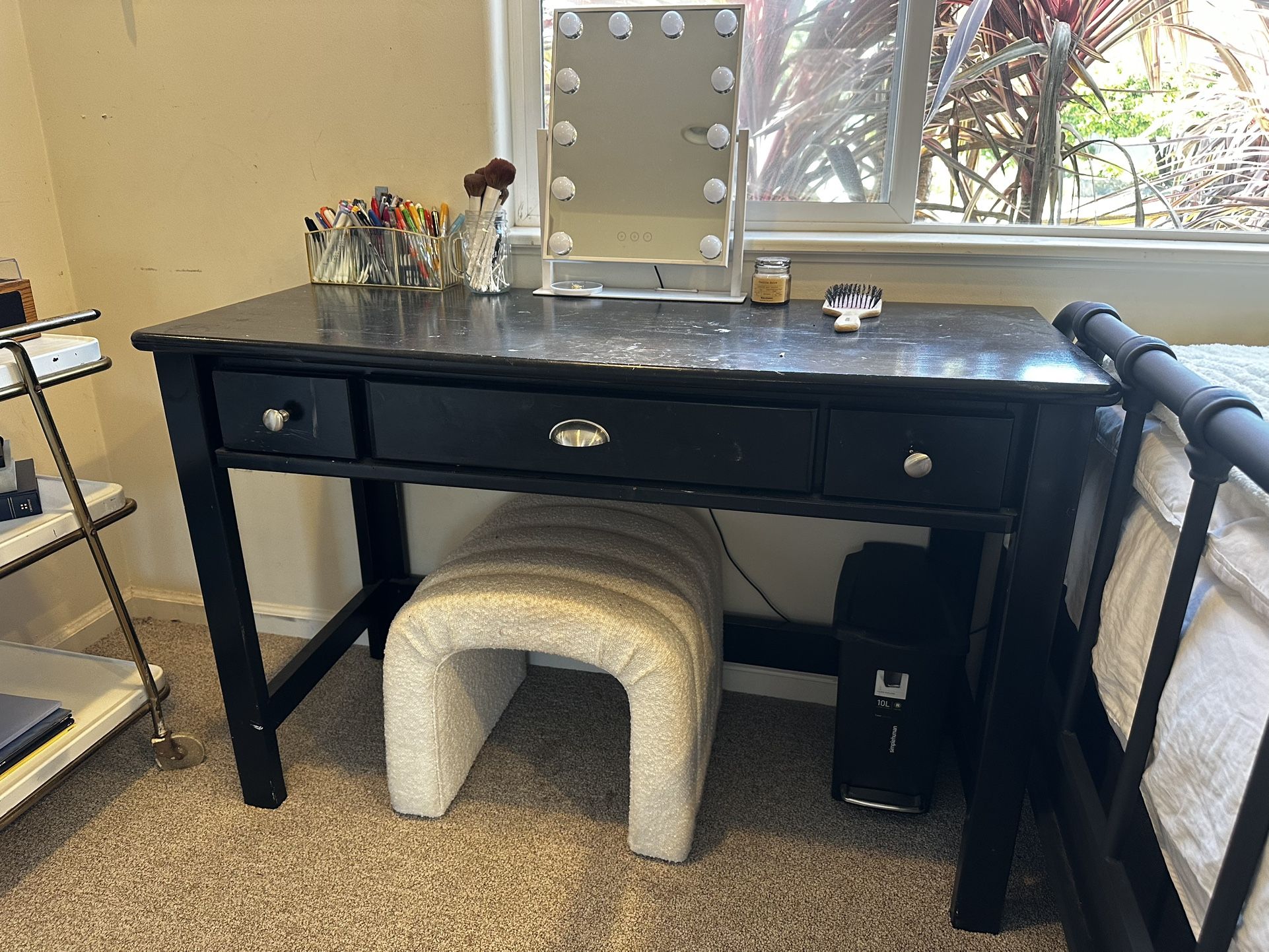 Black Wood Desk or Vanity – 3 Drawers, Solid and Functional (Some Wear)