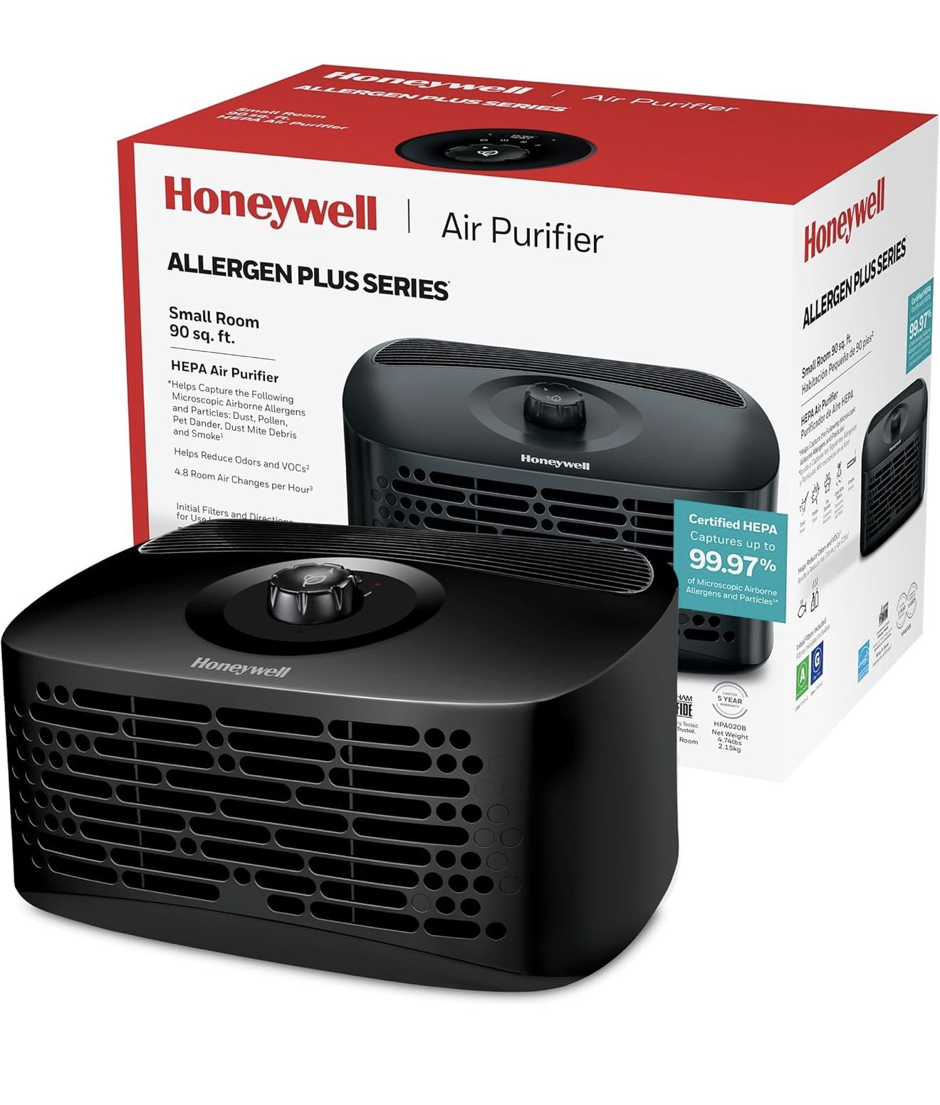 Honeywell HEPA Air Purifier for Home, 450 Ft² in 1 hour, Reduces Dust, Pollen, Pet Dander, Odors, Smoke, Compact Allergen Reducer, Black, HPA020