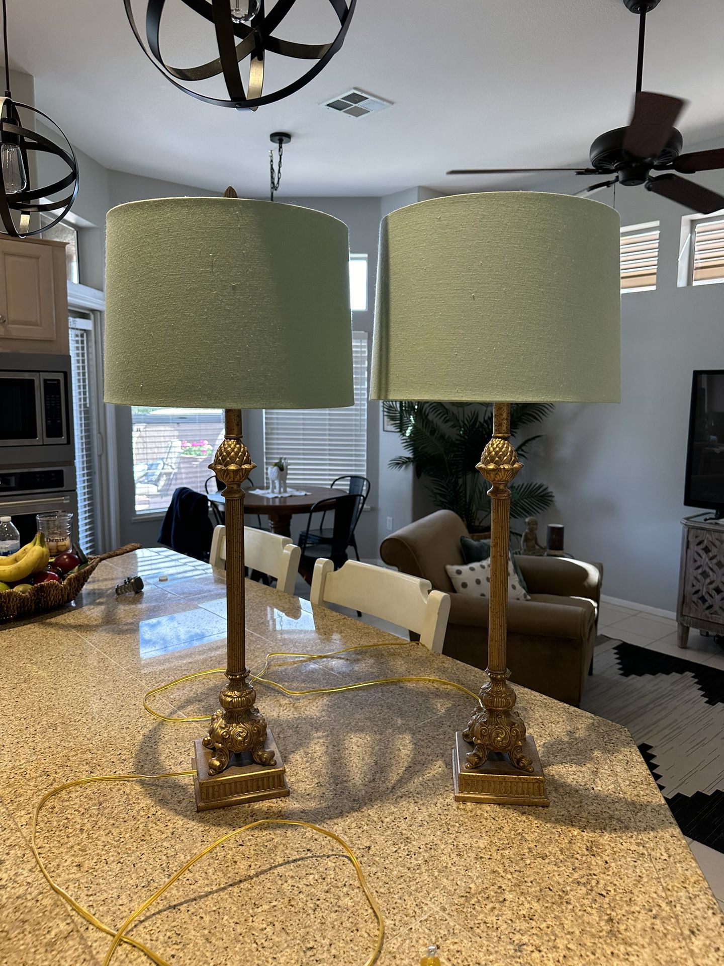 Pair Of Gold Lamps w/ Teal Shades 