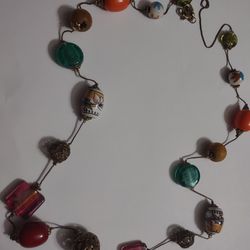 Rare Long Vintage Necklace 10k, Hand Painted Porcelain Beaded