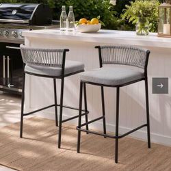 Outdoor Patio Bar Stool Set of 6 with Cushion and Rattan Back
