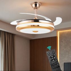 42" Retractable Invisible Ceiling Fan with LED Light & Remote, Retractable Blades