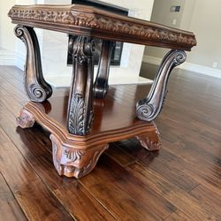 2 Thomasville Matching Accent Tables – Solid Wood, Carved, Leather Top