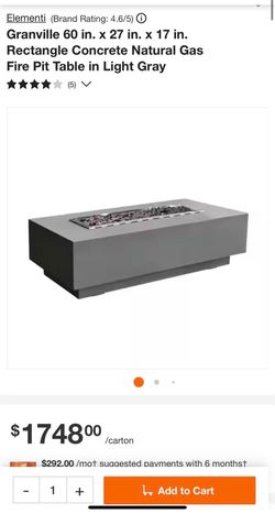 Elementi propane Granville 60 in. x 27 in. x 17 in. Rectangle Concrete Fire Pit Table in Light Gray