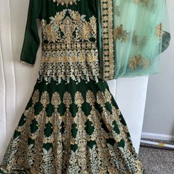 Full Length Green Dress With Gold Embroidery