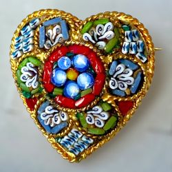Vintage Italian Heart Micro Mosaic Brooch Pin Multicolor 1" Fashion
